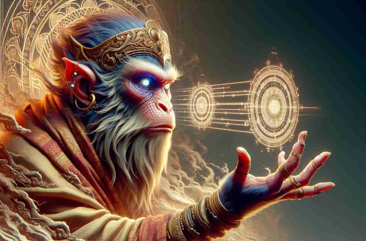 Generate a high-definition, realistic image of a mythical monkey character, inspired by eastern folklore, who is groundbreaking in the realm of digital games. The character is known for his powerful and mystical abilities, and his significant influence in the gaming universe should be apparent.