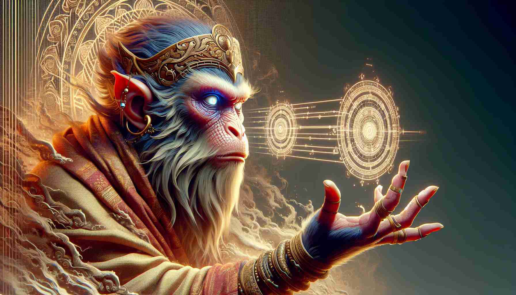 Generate a high-definition, realistic image of a mythical monkey character, inspired by eastern folklore, who is groundbreaking in the realm of digital games. The character is known for his powerful and mystical abilities, and his significant influence in the gaming universe should be apparent.