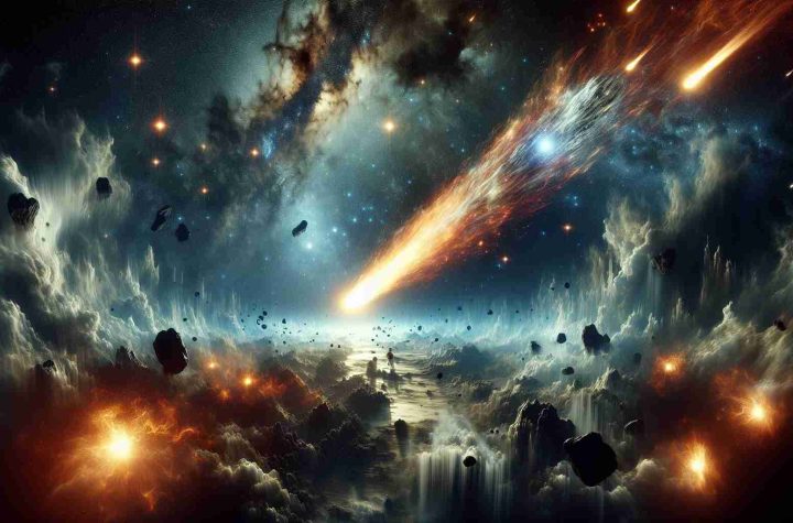 Generate a high-definition, realistic image representing the enigma of a heavenly body's crash. The scene should highlight the vastness of the cosmos, with a multitude of stars and celestial bodies scattered across the background. At the center, there is the intriguing spectacle of an astronomical body - a comet or an asteroid, its fiery trail illuminating space - as it hurtles towards its destination. The depiction should evoke a sense of curiosity and inquiry into the phenomenon of celestial impacts.