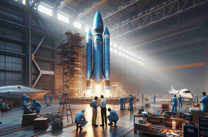 An image showcasing setbacks in a rocket construction process. The rocket is a vibrant blue and is intended for exploration but there appear to be issues affecting its completion. Workers, a mix of Black, South Asian, and Hispanic men and women, are seeking solutions and trying to diagnose the problems. The setting is a large hangar, full of various tools and equipment related to the construction process. The entire scene carries a very realistic and high definition quality, allowing every detail of the complex situation to be vividly seen.