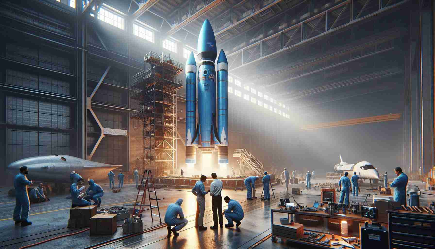 An image showcasing setbacks in a rocket construction process. The rocket is a vibrant blue and is intended for exploration but there appear to be issues affecting its completion. Workers, a mix of Black, South Asian, and Hispanic men and women, are seeking solutions and trying to diagnose the problems. The setting is a large hangar, full of various tools and equipment related to the construction process. The entire scene carries a very realistic and high definition quality, allowing every detail of the complex situation to be vividly seen.