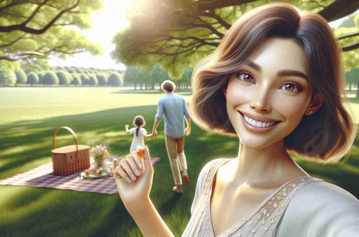 A high-definition realistic image portraying a woman with medium-length brown hair, almond shaped brown eyes, and a radiant smile enjoying a summer outing with her family. They are in a picturesque open park, under the bright sun. The woman, dresses in a light summer dress, is holding hands with a man and a child. Both of them have a playful gleam in their eyes. They are about to start a race on a luscious green field that stretches out into a tree-filled horizon. A picnic basket and blanket are visible in the background, resting under a large shady tree.