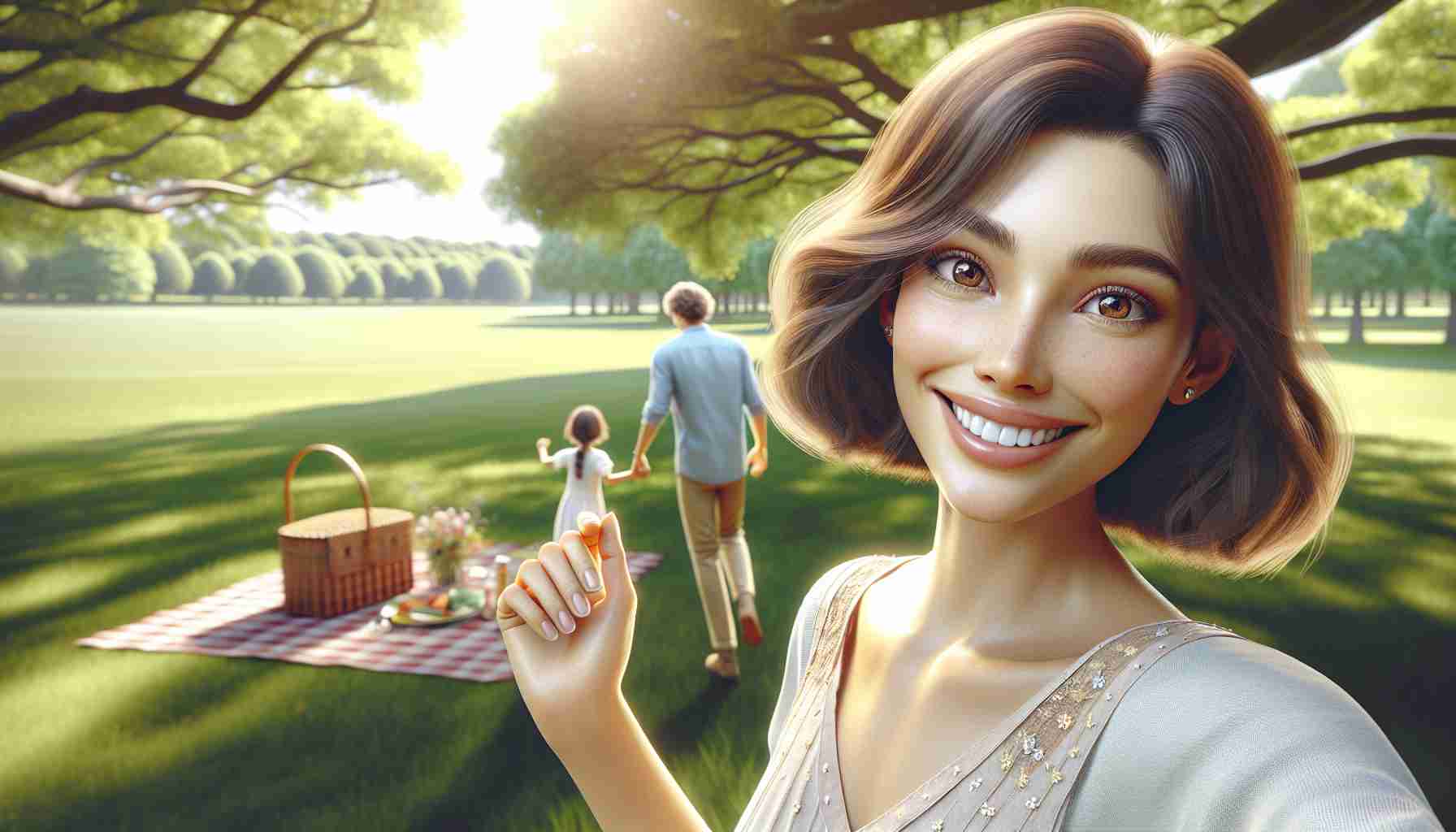 A high-definition realistic image portraying a woman with medium-length brown hair, almond shaped brown eyes, and a radiant smile enjoying a summer outing with her family. They are in a picturesque open park, under the bright sun. The woman, dresses in a light summer dress, is holding hands with a man and a child. Both of them have a playful gleam in their eyes. They are about to start a race on a luscious green field that stretches out into a tree-filled horizon. A picnic basket and blanket are visible in the background, resting under a large shady tree.