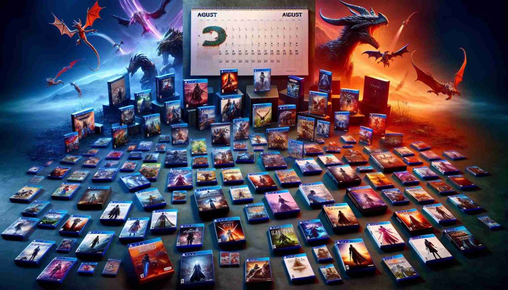 An image showing a variety of game cases artfully arranged against a magnificent backdrop. Each game case showcases captivating visuals, enticing game title, and subtle release date. The collective vibrancy of the game cases generates an atmosphere of exhilaration, anticipation, and intrigue, signaling 'Exciting New Game Releases for August'. The calendar is strewn in the backdrop with the month of August clearly marked. The image is designed in a high-definition, realistic style and emits the allure of the gaming world.