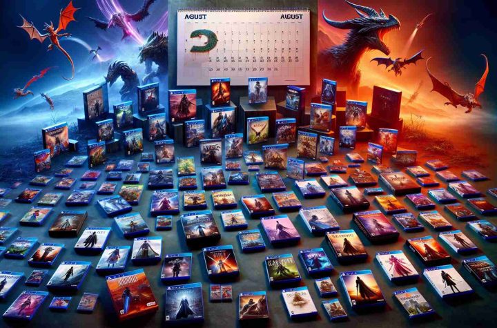 An image showing a variety of game cases artfully arranged against a magnificent backdrop. Each game case showcases captivating visuals, enticing game title, and subtle release date. The collective vibrancy of the game cases generates an atmosphere of exhilaration, anticipation, and intrigue, signaling 'Exciting New Game Releases for August'. The calendar is strewn in the backdrop with the month of August clearly marked. The image is designed in a high-definition, realistic style and emits the allure of the gaming world.