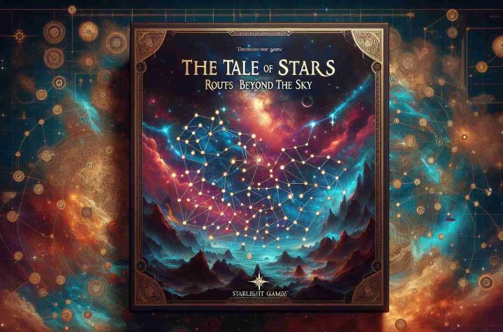 Generate a high definition, realistic image of a fantasy-themed board game titled 'The Tale of Stars: Routes Beyond the Sky' by a fictional creator called Starlight Games. The game's cover should feature cosmic landscapes filled with sparkling stars, nebulae, celestial bodies, and intricate astral paths mapping out routes beyond the sky.