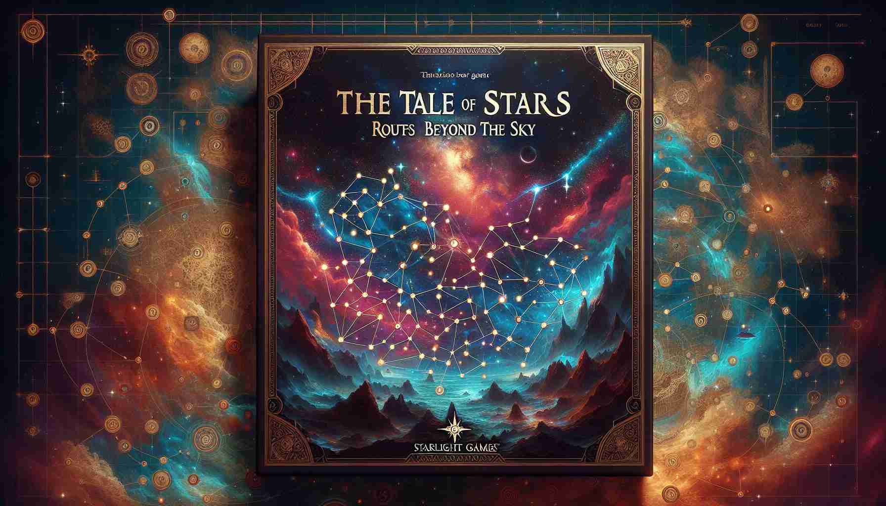 Generate a high definition, realistic image of a fantasy-themed board game titled 'The Tale of Stars: Routes Beyond the Sky' by a fictional creator called Starlight Games. The game's cover should feature cosmic landscapes filled with sparkling stars, nebulae, celestial bodies, and intricate astral paths mapping out routes beyond the sky.