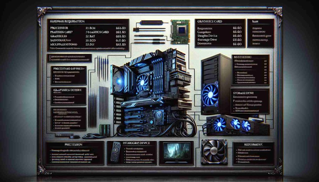 Realistic high-definition image demonstrating the hardware requirements for a fantasy role-playing video game named 'The Shadow Realm'. The image should depict computer parts and devices such as processor, graphics card, RAM, storage device, and a high-performance monitor. Also, present a visual checklist highlighting the necessary hardware specifications on a side panel or a layered text box.