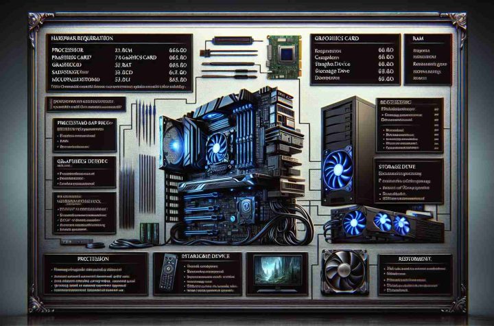 Realistic high-definition image demonstrating the hardware requirements for a fantasy role-playing video game named 'The Shadow Realm'. The image should depict computer parts and devices such as processor, graphics card, RAM, storage device, and a high-performance monitor. Also, present a visual checklist highlighting the necessary hardware specifications on a side panel or a layered text box.