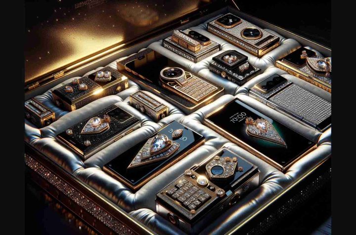 High definition and realistic image of an opulent phone range, displayed in a luxurious setting. Each phone boasts unique features and exquisite design elements that scream luxury. Perhaps the phones are laid out on a plush velvet cushion, nestled within a golden or silver box studded with jewels. Details like high-resolution screens, encrusted gems, premium leather case, well-crafted side buttons and a sleek body structure create the picture of ultimate opulence and sophistication. The ambient lighting should glisten off the phones' surfaces, creating sparkling reflections. This compilation embodies the epitome of a luxury technology experience.