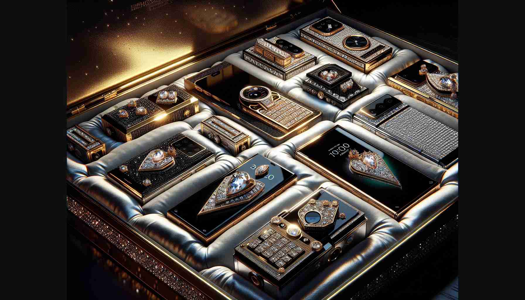 High definition and realistic image of an opulent phone range, displayed in a luxurious setting. Each phone boasts unique features and exquisite design elements that scream luxury. Perhaps the phones are laid out on a plush velvet cushion, nestled within a golden or silver box studded with jewels. Details like high-resolution screens, encrusted gems, premium leather case, well-crafted side buttons and a sleek body structure create the picture of ultimate opulence and sophistication. The ambient lighting should glisten off the phones' surfaces, creating sparkling reflections. This compilation embodies the epitome of a luxury technology experience.