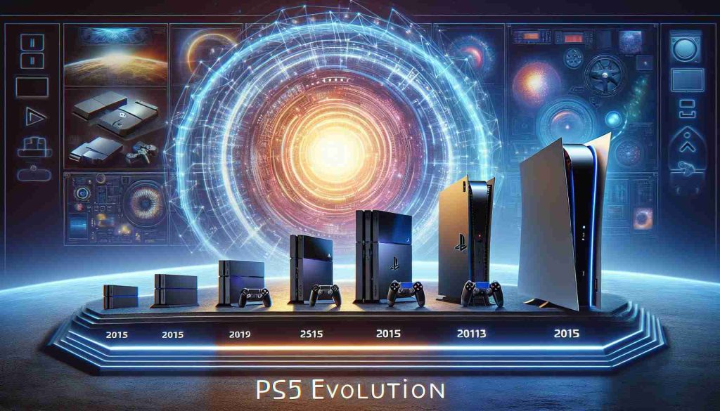 Create a realistic, high-definition image demonstrating the evolution of PlayStation consoles, leading up to the current generation. The image should convey an exciting sense of anticipation for the unveiling of the next-generation console, possibly labeled as 'PS5 Evolution'. Include a background hinting at the future of gaming, such as futuristic graphics, innovative technology elements, or sci-fi inspired design.