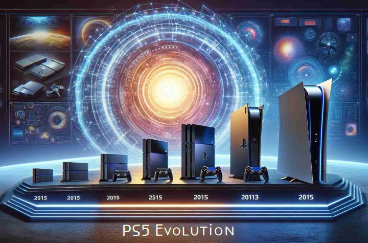 Create a realistic, high-definition image demonstrating the evolution of PlayStation consoles, leading up to the current generation. The image should convey an exciting sense of anticipation for the unveiling of the next-generation console, possibly labeled as 'PS5 Evolution'. Include a background hinting at the future of gaming, such as futuristic graphics, innovative technology elements, or sci-fi inspired design.