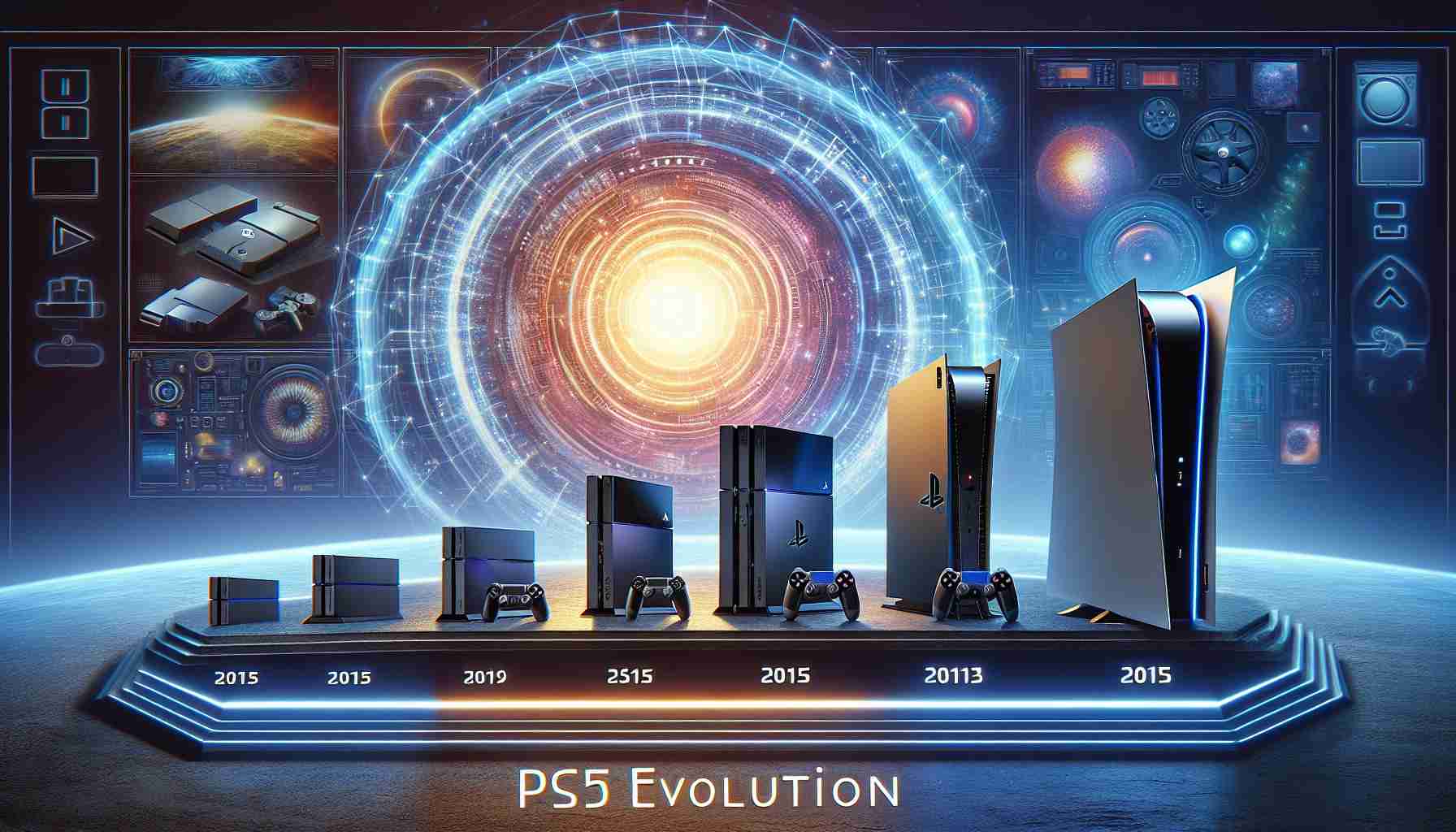 Create a realistic, high-definition image demonstrating the evolution of PlayStation consoles, leading up to the current generation. The image should convey an exciting sense of anticipation for the unveiling of the next-generation console, possibly labeled as 'PS5 Evolution'. Include a background hinting at the future of gaming, such as futuristic graphics, innovative technology elements, or sci-fi inspired design.