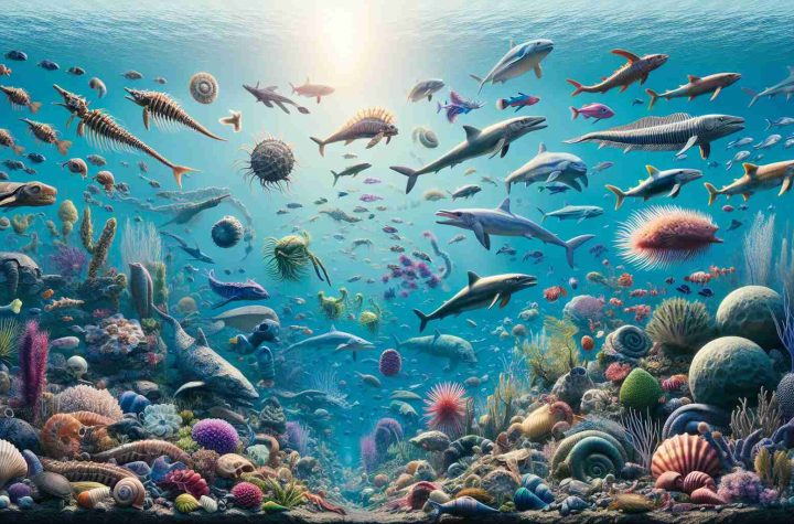 A realistic high-definition depiction of the evolution of marine life in the Mediterranean Sea. This visual chronology should transition from the primitive marine organisms from the prehistoric period to the vibrant and diverse aquatic life of today. The first part should showcase early life forms such as trilobites and early fish, then progressing towards more complex marine creatures like mollusks, crustaceans, and prehistoric sharks. The transition to the modern era should illustrate an abundant aquatic environment filled with sea turtles, dolphins, various species of fish, and colorful coral reefs. Make sure to represent the underwater flora as well as the fauna.