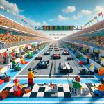 A high-definition, realistic image of a racing world revolutionized by Lego. This should include a Lego-built racetrack stretching far into the distance with miniature Lego race cars speeding down the track. The pit stops are bustling with Lego figures energetically handling maintenance and repairs. Spectators, a mix of Lego figures of varying gender and descent such as Hispanic, South Asian, Caucasian, and Middle-Eastern, watch the race with excited expressions from the stands made of colorful Lego blocks. Billboards made of Lego display race statistics and advertisements. The sky is a clear blue with the sun shining brightly.