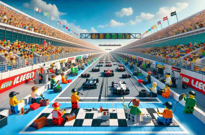 A high-definition, realistic image of a racing world revolutionized by Lego. This should include a Lego-built racetrack stretching far into the distance with miniature Lego race cars speeding down the track. The pit stops are bustling with Lego figures energetically handling maintenance and repairs. Spectators, a mix of Lego figures of varying gender and descent such as Hispanic, South Asian, Caucasian, and Middle-Eastern, watch the race with excited expressions from the stands made of colorful Lego blocks. Billboards made of Lego display race statistics and advertisements. The sky is a clear blue with the sun shining brightly.