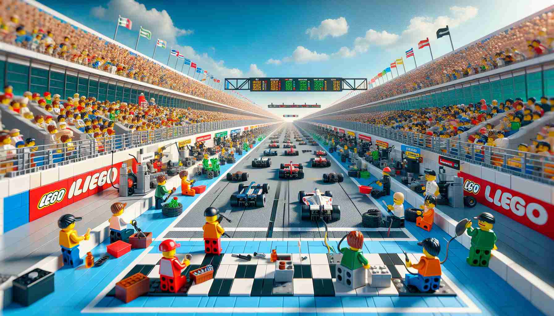 A high-definition, realistic image of a racing world revolutionized by Lego. This should include a Lego-built racetrack stretching far into the distance with miniature Lego race cars speeding down the track. The pit stops are bustling with Lego figures energetically handling maintenance and repairs. Spectators, a mix of Lego figures of varying gender and descent such as Hispanic, South Asian, Caucasian, and Middle-Eastern, watch the race with excited expressions from the stands made of colorful Lego blocks. Billboards made of Lego display race statistics and advertisements. The sky is a clear blue with the sun shining brightly.