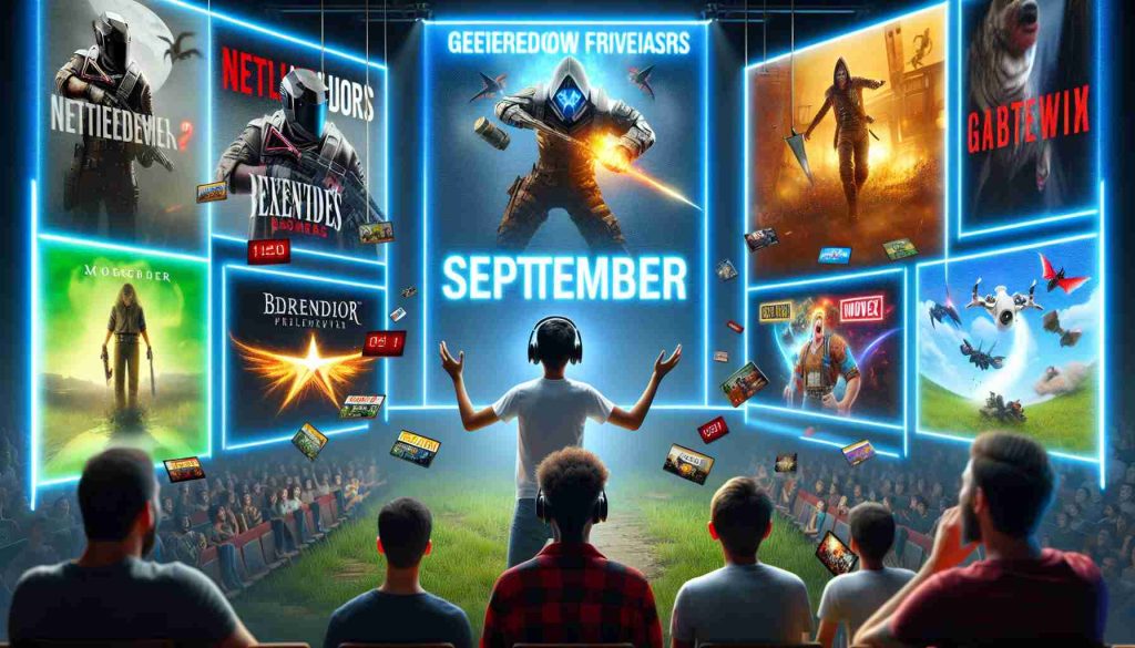 Create an image depicting the thrilling reveal of September's game offerings by a popular online gaming platform. The image should be in high resolution and portray several exciting video games, teasing the upcoming releases for that month. It should include elements like projected game covers, countdown timers, and gamers reacting with anticipation. Ensure the image emanates excitement and anticipation.