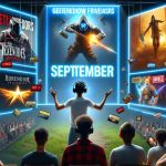 Create an image depicting the thrilling reveal of September's game offerings by a popular online gaming platform. The image should be in high resolution and portray several exciting video games, teasing the upcoming releases for that month. It should include elements like projected game covers, countdown timers, and gamers reacting with anticipation. Ensure the image emanates excitement and anticipation.