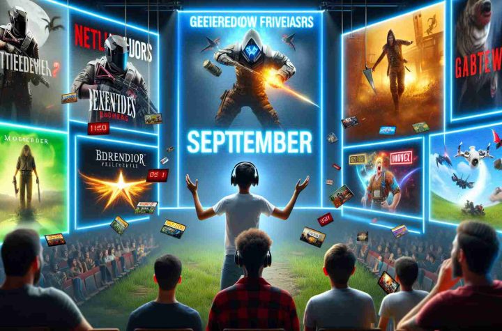 Create an image depicting the thrilling reveal of September's game offerings by a popular online gaming platform. The image should be in high resolution and portray several exciting video games, teasing the upcoming releases for that month. It should include elements like projected game covers, countdown timers, and gamers reacting with anticipation. Ensure the image emanates excitement and anticipation.