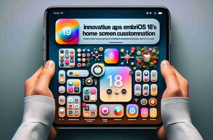 Create a realistic high-definition image that depicts a range of innovative applications taking full advantage of iOS 18's home screen customization capabilities. This includes innovative app icons, widgets and overall home screen layout demonstrating remarkable customization options such as color schemes, icon sizes, widget placements, grouping of similar applications and so forth. Include some visible text on the image that says 'Innovative Apps Embracing iOS 18’s Home Screen Customization'.