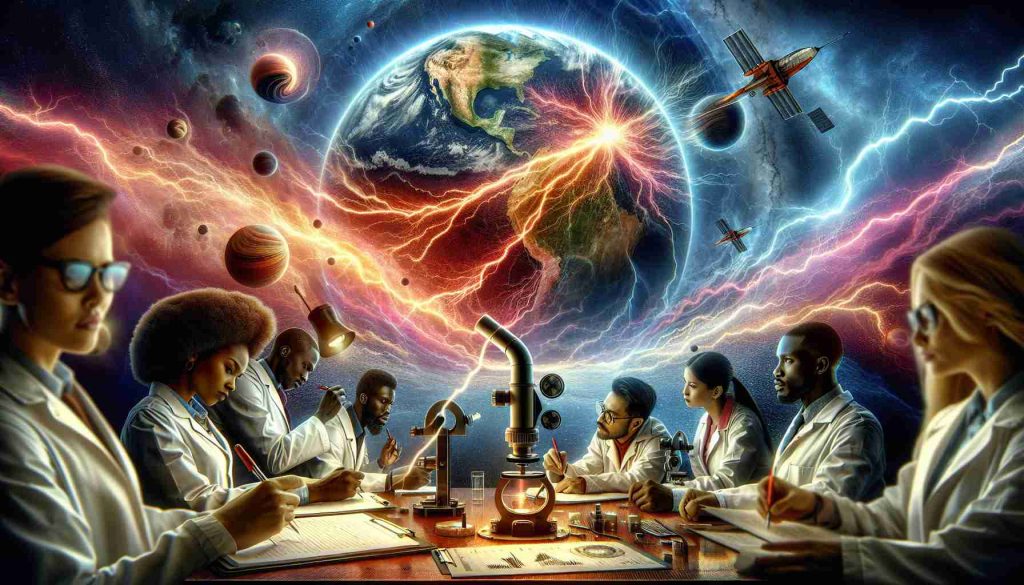 Generate an ultra-high-definition image showcasing the discovery of a novel electrical phenomenon occurring in Earth's atmosphere. Display a group of diverse scientists observing this unprecedented event from ground using sophisticated instruments. Among them, an African female physicist meticulously jotting down data, a Hispanic male meteorologist closely studying the atmospheric condition, a Middle-Eastern female geologist interpreting seismic data, and a South Asian male engineer calibrating the sophisticated instruments. Envelop Earth's atmosphere in shades of dynamic hues and showcase the electric sparks or pulsating energy in artistic ways embodying the uniqueness of the phenomenon.