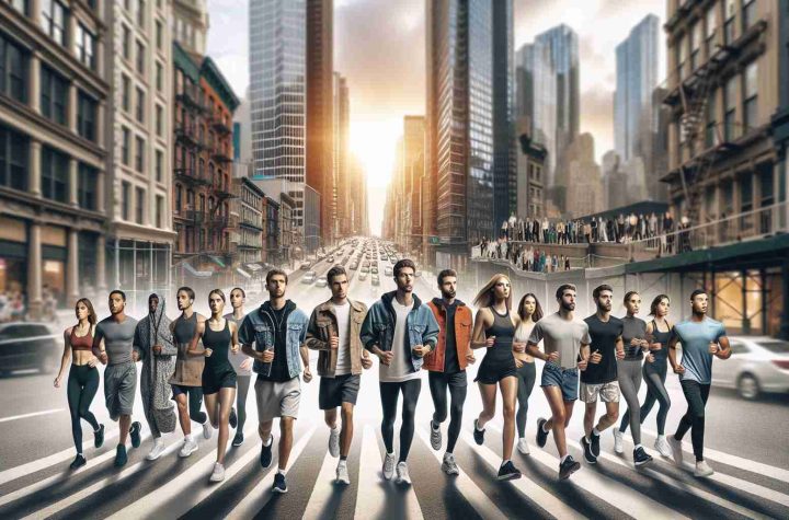 Create a high-definition, realistic image that represents the evolution of urban fashion with a specific focus on running. Picture bustling city streets, the concrete jungle as the backdrop. Place an array of individuals each sporting urban-style athletic wear, primarily geared towards running. Show a mix of men and women of varying descents such as Caucasian, Black, Hispanic, Middle Eastern, and South Asian, each stylishly clad in their unique running gear. Signify the rise of this trend through the transformation of the clothing style from the left side of the image (past) to the right side (present).