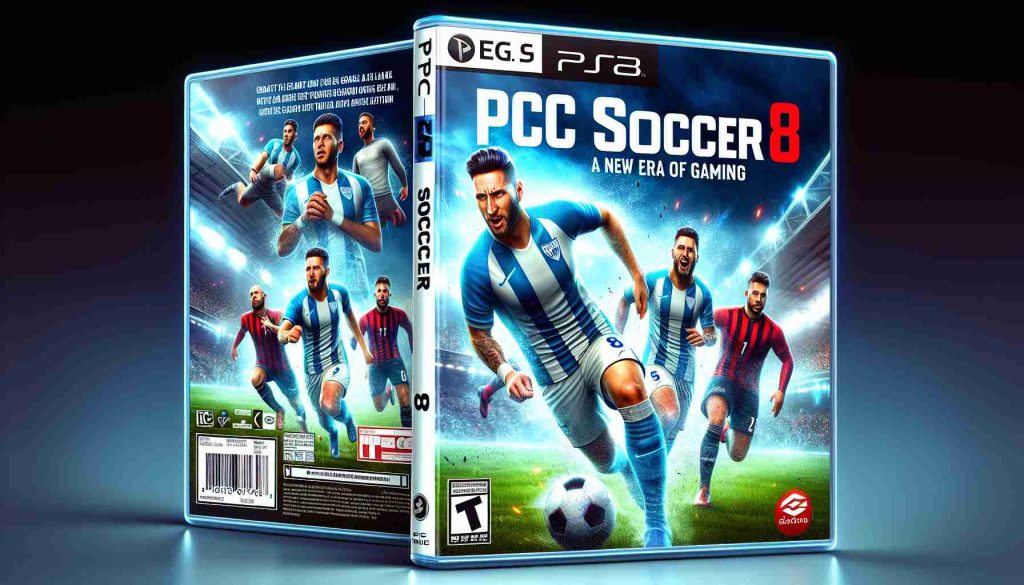 Create a realistic, high-definition image of a fictional soccer video game titled 'PC Soccer 8: A New Era of Gaming'. The cover should ideally capture the excitement and intensity of a soccer game, showcasing players in action with expressions of determination. Do include the title prominently on the cover, along with enticing graphics and design elements that would make the game appealing to the target demographic.