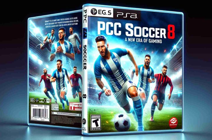 Create a realistic, high-definition image of a fictional soccer video game titled 'PC Soccer 8: A New Era of Gaming'. The cover should ideally capture the excitement and intensity of a soccer game, showcasing players in action with expressions of determination. Do include the title prominently on the cover, along with enticing graphics and design elements that would make the game appealing to the target demographic.