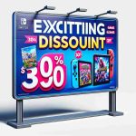 A realistic high definition illustration of a signage promoting exciting discounts on handheld gaming console games. The sign uses vibrant colors to attract attention, and includes images of game boxes, with no specific game titles visible. The prominence of the discount is displayed in bold and capitalized letters, capturing the buyer's eye.