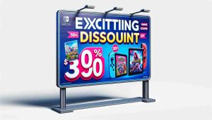 A realistic high definition illustration of a signage promoting exciting discounts on handheld gaming console games. The sign uses vibrant colors to attract attention, and includes images of game boxes, with no specific game titles visible. The prominence of the discount is displayed in bold and capitalized letters, capturing the buyer's eye.