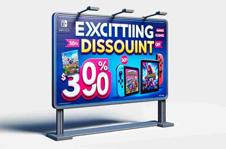 A realistic high definition illustration of a signage promoting exciting discounts on handheld gaming console games. The sign uses vibrant colors to attract attention, and includes images of game boxes, with no specific game titles visible. The prominence of the discount is displayed in bold and capitalized letters, capturing the buyer's eye.