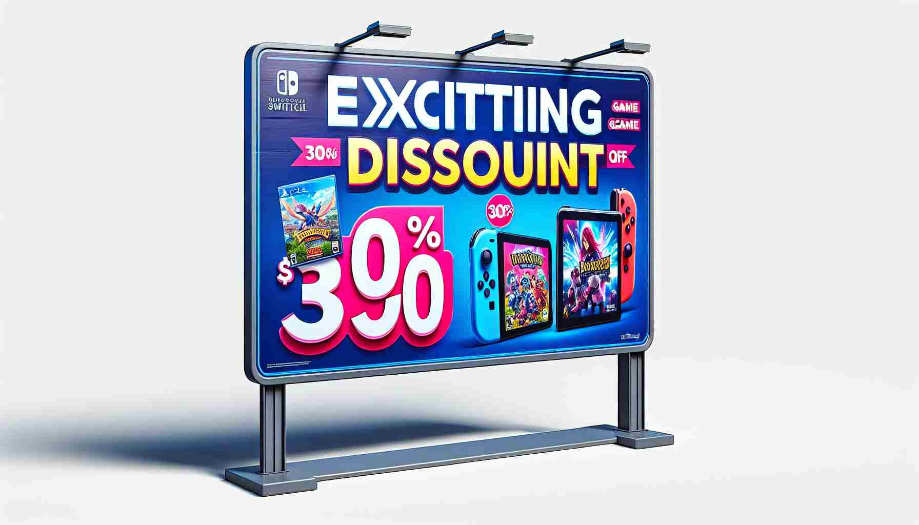 A realistic high definition illustration of a signage promoting exciting discounts on handheld gaming console games. The sign uses vibrant colors to attract attention, and includes images of game boxes, with no specific game titles visible. The prominence of the discount is displayed in bold and capitalized letters, capturing the buyer's eye.