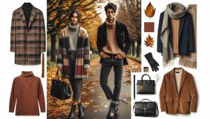 Capture a realistic, high-definition image that represents the top fashion trends for the fall season. Highlight an outdoor setting with trees shedding their leaves in the background. Feature a Black female model in a stylishly layered outfit that includes a plaid coat, a chunky knit sweater, and ankle boots. Next to her, show a Hispanic male model in a corduroy jacket, a crisp white shirt, and dark jeans, complemeting his look with a scarf. Adding accessories like a wide-brimmed hat, leather gloves, and statement handbags, might enhance the look. Include an array of warm fall colors such as deep burgundy, burnt orange, and mustard yellow in their outfits and accessories.