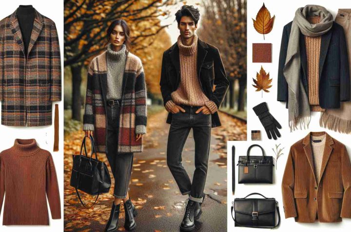 Capture a realistic, high-definition image that represents the top fashion trends for the fall season. Highlight an outdoor setting with trees shedding their leaves in the background. Feature a Black female model in a stylishly layered outfit that includes a plaid coat, a chunky knit sweater, and ankle boots. Next to her, show a Hispanic male model in a corduroy jacket, a crisp white shirt, and dark jeans, complemeting his look with a scarf. Adding accessories like a wide-brimmed hat, leather gloves, and statement handbags, might enhance the look. Include an array of warm fall colors such as deep burgundy, burnt orange, and mustard yellow in their outfits and accessories.