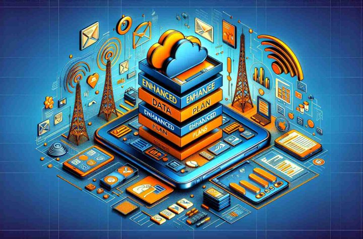 A highly detailed portrayal of enhanced mobile data plans offered by a fictitious telecommunications company, represented as Orange. The image should illustrate the packaging of these plans with vivid colors, clearly denoting their features and benefits. Also, it might incorporate typical symbols of telecommunication and data transfer, like signal towers, smartphones, network icons, and data clouds.