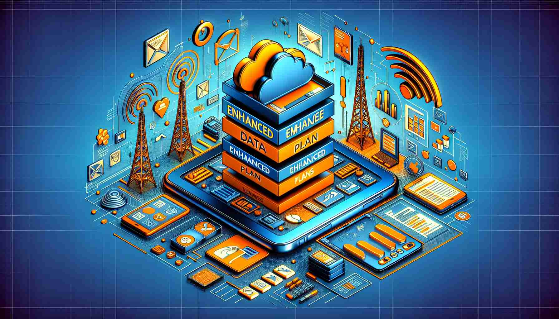 A highly detailed portrayal of enhanced mobile data plans offered by a fictitious telecommunications company, represented as Orange. The image should illustrate the packaging of these plans with vivid colors, clearly denoting their features and benefits. Also, it might incorporate typical symbols of telecommunication and data transfer, like signal towers, smartphones, network icons, and data clouds.