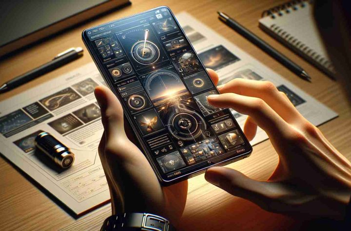 A detailed and realistic high-definition image of exploring the latest smartphone upgrade. This includes a close-up view of the phone's elegant design, cutting-edge technology features, and user-friendly interface. The depiction portrays an individual carefully examining the device's improvements, such as an enhanced camera system, ultra-fast processor, and larger battery capacity. It also highlights the screen showcasing the new operating system with redesigned icons and menus. Environmental context surrounding the device might be a modern, clutter-free workspace with warm ambient lighting.