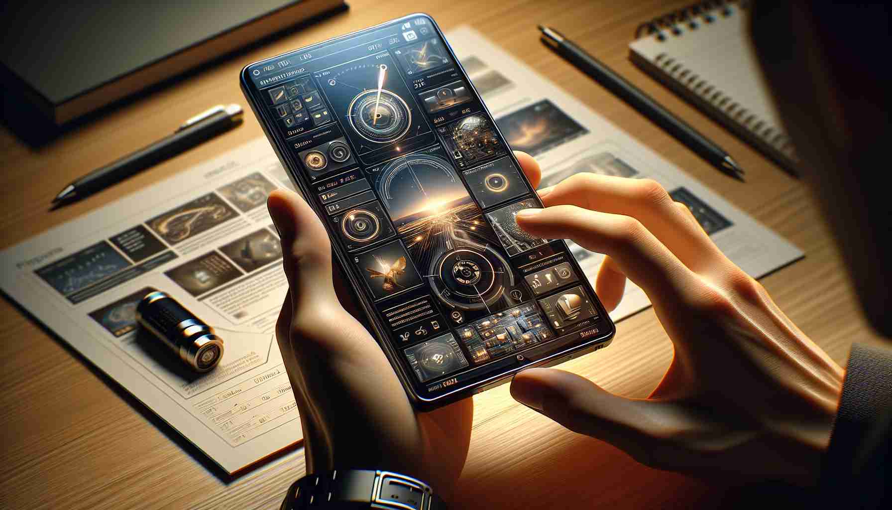 A detailed and realistic high-definition image of exploring the latest smartphone upgrade. This includes a close-up view of the phone's elegant design, cutting-edge technology features, and user-friendly interface. The depiction portrays an individual carefully examining the device's improvements, such as an enhanced camera system, ultra-fast processor, and larger battery capacity. It also highlights the screen showcasing the new operating system with redesigned icons and menus. Environmental context surrounding the device might be a modern, clutter-free workspace with warm ambient lighting.