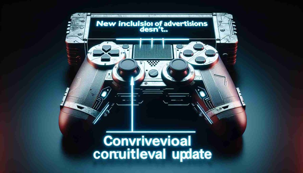 High definition image highlighting an example of a controversial update to a hypothetical gaming console. The controversial aspect should be apparent and revolve around the new inclusion of advertisements in areas where they weren't previously seen. The design elements should be futuristic and suggest a next-generation gaming experience, while remaining ambiguous and not specifically resembling any existing gaming consoles.