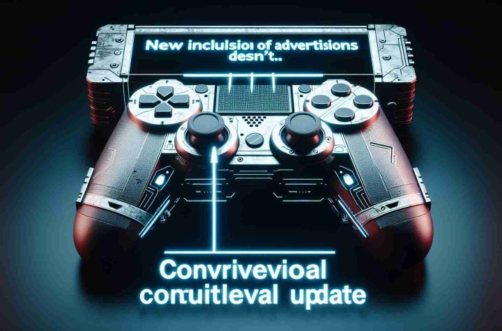 High definition image highlighting an example of a controversial update to a hypothetical gaming console. The controversial aspect should be apparent and revolve around the new inclusion of advertisements in areas where they weren't previously seen. The design elements should be futuristic and suggest a next-generation gaming experience, while remaining ambiguous and not specifically resembling any existing gaming consoles.