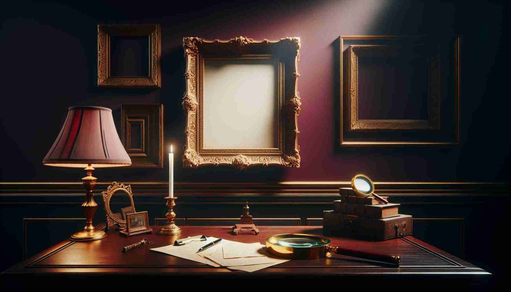 A realistic high-definition photo capturing the ambiance of enigmatic situation - the case of the missing painting. The scene includes an empty ornate gold frame hanging on a dark dramatic burgundy wall, a detective's magnifying glass lying on a nearby antique wooden table, and scattered investigative notes. A single shaft of light illuminates the empty frame, further emphasizing the vanished artwork. The room resonates with the intriguing aura of mystery and lost beauty.