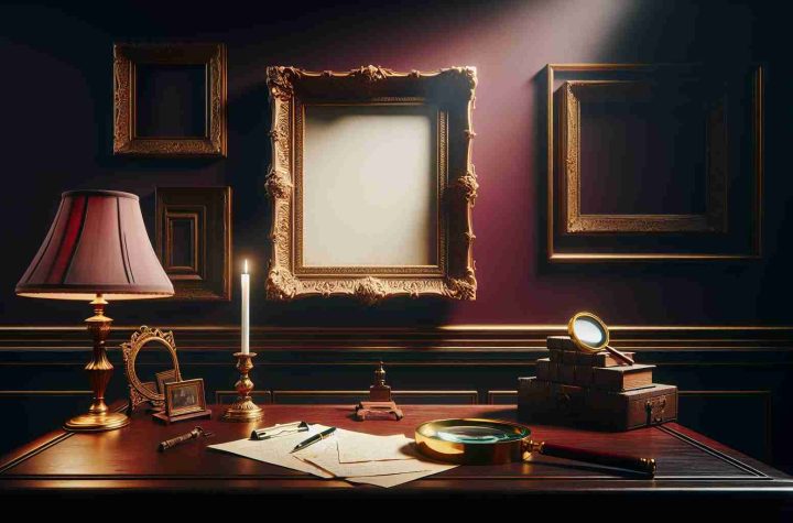 A realistic high-definition photo capturing the ambiance of enigmatic situation - the case of the missing painting. The scene includes an empty ornate gold frame hanging on a dark dramatic burgundy wall, a detective's magnifying glass lying on a nearby antique wooden table, and scattered investigative notes. A single shaft of light illuminates the empty frame, further emphasizing the vanished artwork. The room resonates with the intriguing aura of mystery and lost beauty.