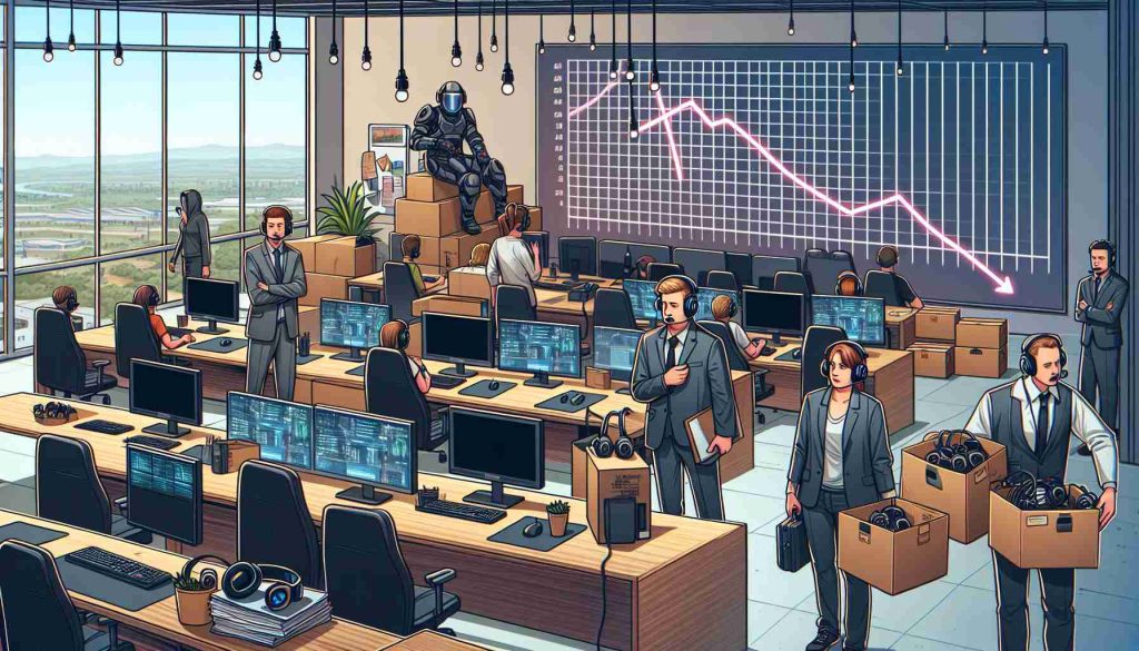 Illustration of a typical business scene, depicting layoffs in an unspecified video game development studio due to a decrease in sales performance. The scene showcases a fairly large, modern open-concept office space filled with computers, headsets, sketches, and other gaming design tools. Individuals display somber expressions and carry boxes with their personal belongings, indicative of the layoffs. Additionally, include a line graph on a whiteboard in the background, representing a downward trend, symbolic of declining sales.