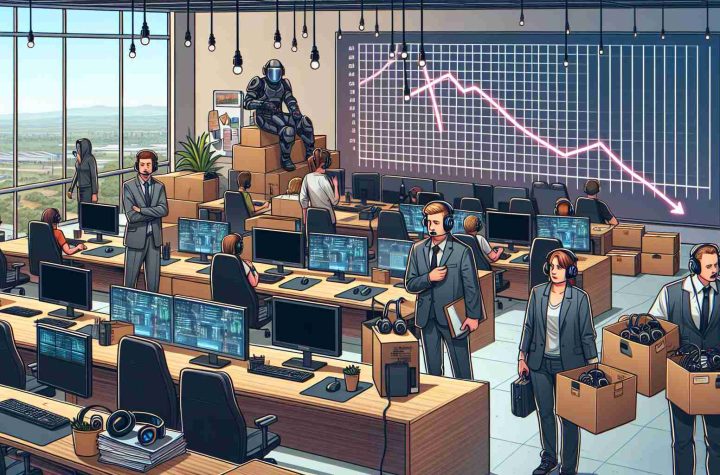 Illustration of a typical business scene, depicting layoffs in an unspecified video game development studio due to a decrease in sales performance. The scene showcases a fairly large, modern open-concept office space filled with computers, headsets, sketches, and other gaming design tools. Individuals display somber expressions and carry boxes with their personal belongings, indicative of the layoffs. Additionally, include a line graph on a whiteboard in the background, representing a downward trend, symbolic of declining sales.