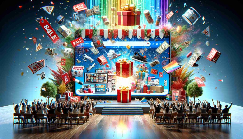 A high-definition image depicting an exuberant celebration of an online shopping event. The scene has colorful sale banners, various items on discount, and digital confetti, to create an atmosphere of festive retail excitement. The shopping platform is set in a grand interface layout, filled with images of diverse products ranging from electronics, books, to clothing and more, all enjoying the prime position. The sense of celebration is further amplified by excited shoppers from various descents, happily browsing through the options available on their digital devices.