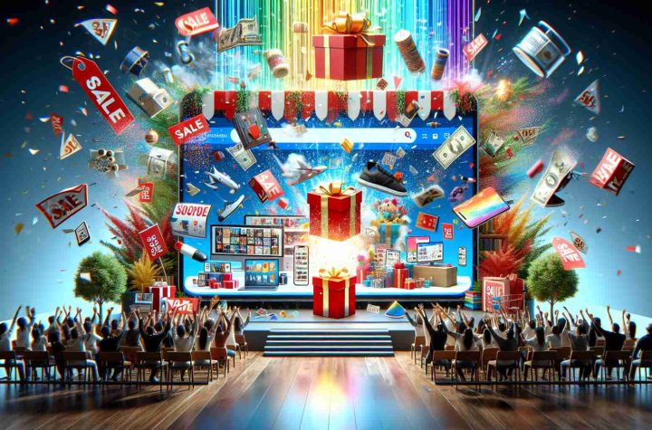 A high-definition image depicting an exuberant celebration of an online shopping event. The scene has colorful sale banners, various items on discount, and digital confetti, to create an atmosphere of festive retail excitement. The shopping platform is set in a grand interface layout, filled with images of diverse products ranging from electronics, books, to clothing and more, all enjoying the prime position. The sense of celebration is further amplified by excited shoppers from various descents, happily browsing through the options available on their digital devices.