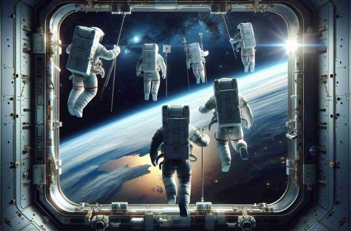 Create a photorealistic, high-definition image that shows a groundbreaking spacewalk. Picture a group of private astronauts embarking on their mission. Frame this against the backdrop of the endless outer space, with stars glinting in the distance. Make sure their suits are highly detailed, equipped with life support systems and tools necessary for a spacewalk. The Earth should be visible in the backdrop providing a stunning view of our home planet.