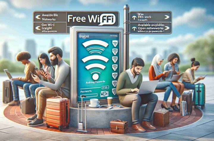 Create a realistic high-definition image depicting various easy methods to access free Wi-Fi without asking for passwords. This can include a person sitting in a public space like a park or coffee shop with their laptop, showing available open networks on the screen. There could be also a signage indicating free Wi-Fi in the vicinity. All people can be from different descents, such as a Middle Eastern man using his laptop and a South Asian woman sitting nearby with her smartphone. This image does not promote any unlawful activities.